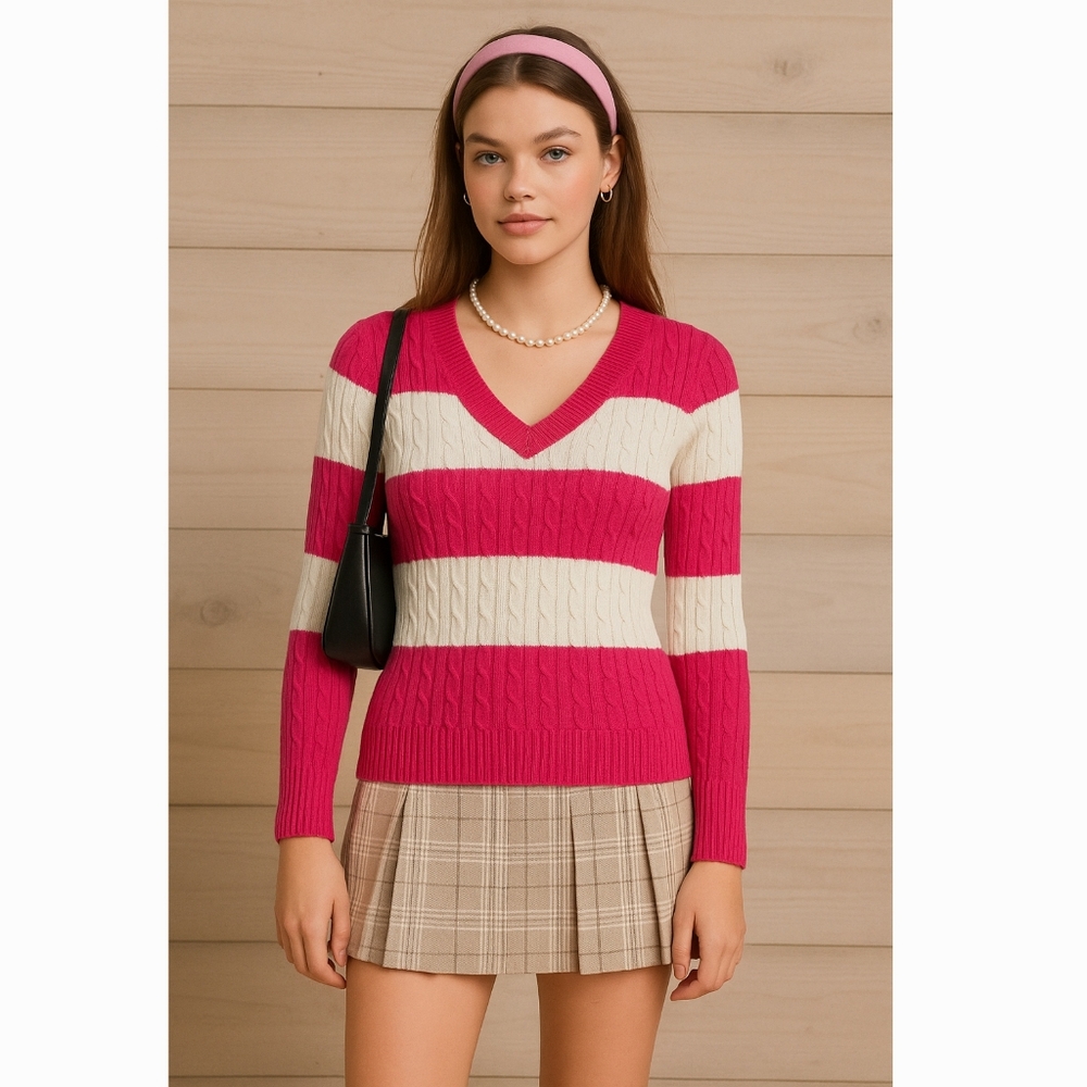 Faded Glory Y2K Striped Cable‎ Knit Sweater Women's M Vtg Mean Girls Preppy